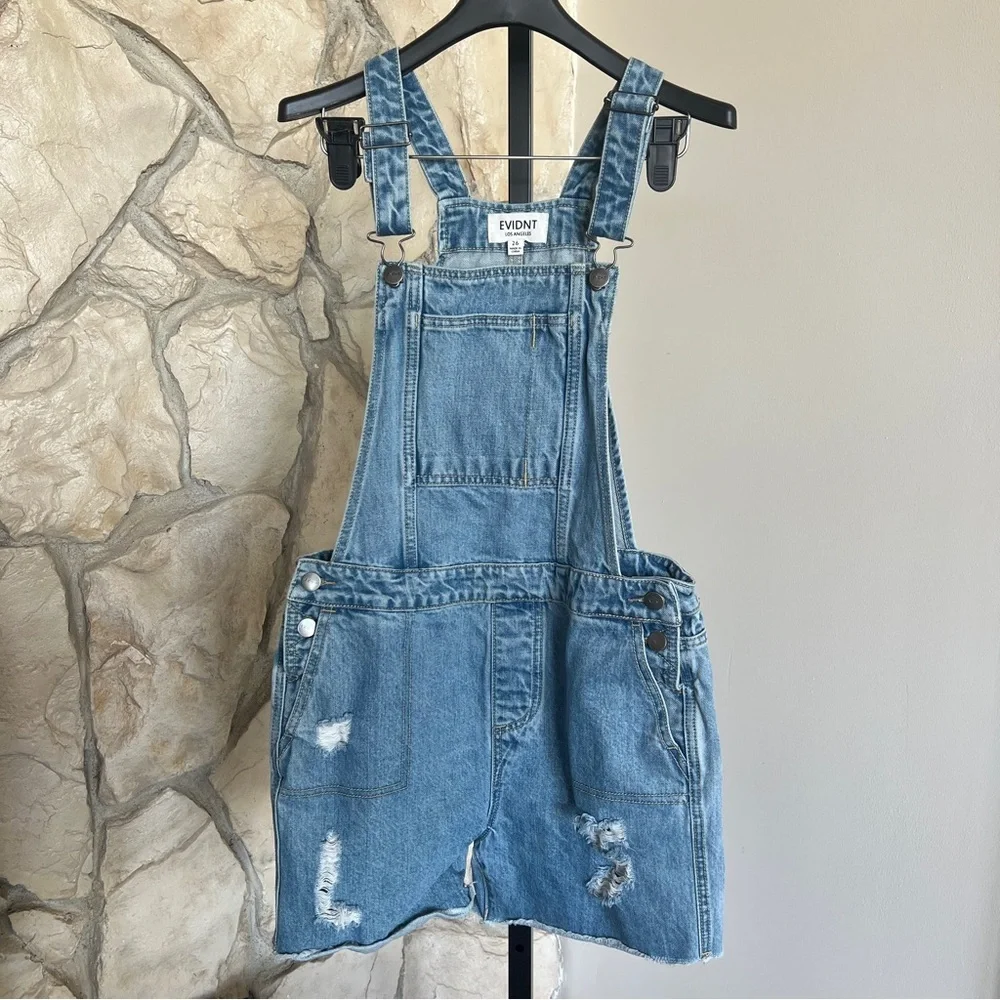 EVIDNT Distressed Casual Essential Denim Overalls Shortalls - Picture 1 of 5